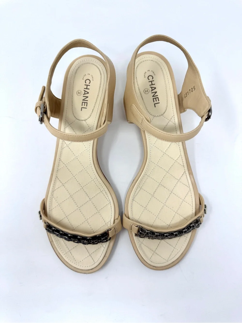 Chanel Nude Tan Beige Chain and Pearl Ankle Strap Quilted Heeled Sandals